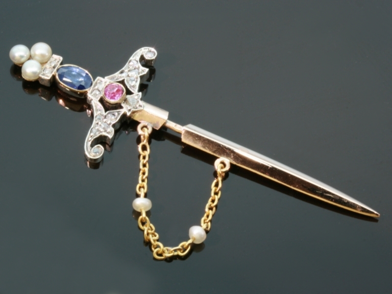 Victorian dagger or sword shaped bejeweled gold lapel pin (image 2 of 6)